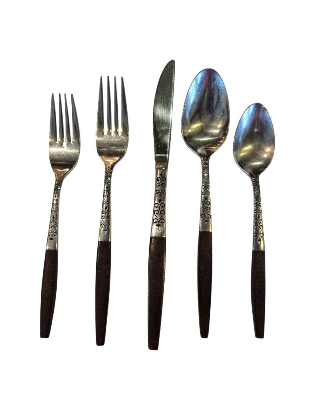 Interpur INR2 Stainless Flatware Place Setting Wood Brown Handle Japan MCM